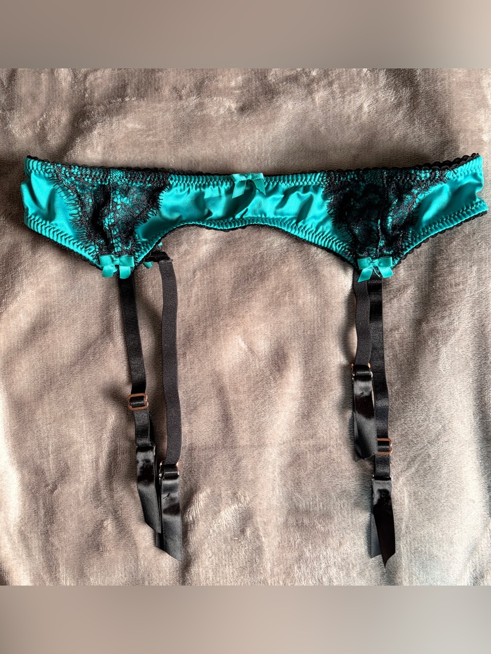 Vintage Y2K Garter Belt Small Teal Satin Black Lace Kelly Brook for New Look